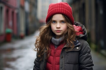 Portrait of a cute little girl in a red hat and coat on the street
