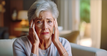 Eine Frau mit Kopfschmerzen. Generiert mit KI - obrazy, fototapety, plakaty