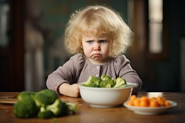 Little One's Veggie Adventure: Cute Sad Girl with Broccoli, Introducing Baby to Vegetables - obrazy, fototapety, plakaty