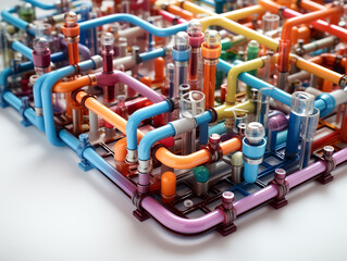 3d image of underground plumbing network isolated on white background. Everything is well connected. Various color pipe material.