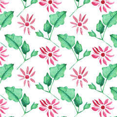 Seamless pattern of elements with spring flowers and leaves. Hand drawn watercolor illustration isolated on white background