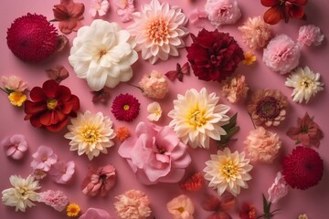 Women's day concept. Top view photo of different flowers on an isolated pastel pink background.