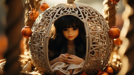 Obraz premium Illustration of a beautiful child's toy doll in a swing in a festive setting