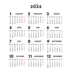 2024年のシンプルな年間カレンダー - 月曜始まり･12ヶ月･1年分の暦 - 正方形
