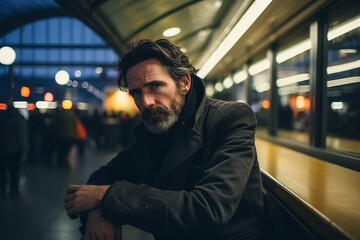 Portrait of a bearded man in a black coat in a metro station.