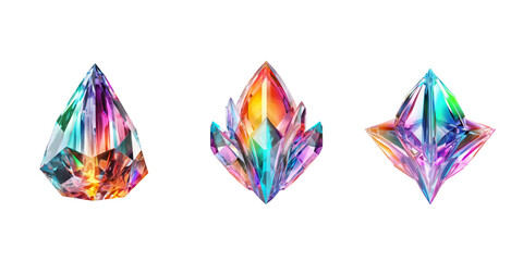 Volumetric metallic multicolored shape crystal with corners, neon colors, on a white background