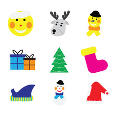 Christmas decorative collection with funny Santa Claus, Christmas toys, Christmas tree and holiday elements. Christmas icon