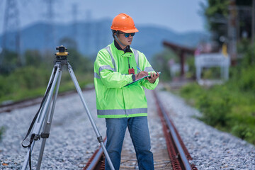 worker on a construction site. construction worker with helmet. Survey man  working on railway....