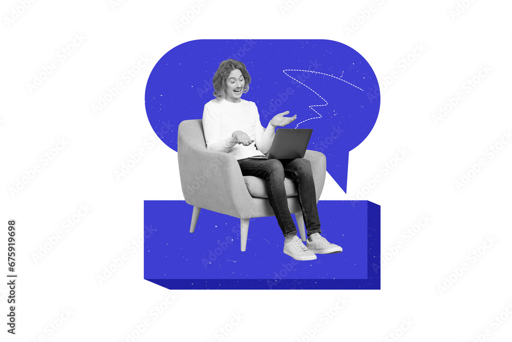 Aufkleber creative collage template of young guy using laptop alternative modern messenger for remote communic