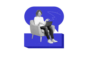 Creative collage template of young guy using laptop alternative modern messenger for remote communication isolated on white background