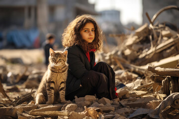 Portrait of a sad orphan girl and cat in destroyed city sitting on the rubble of a collapsed building, house. War conflict victim. Concept of support refugee, children's right, Humanitarian crisis - obrazy, fototapety, plakaty