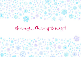Christmas card with frame of blue and violet snowflakes with Merry Christmas holiday greeting.