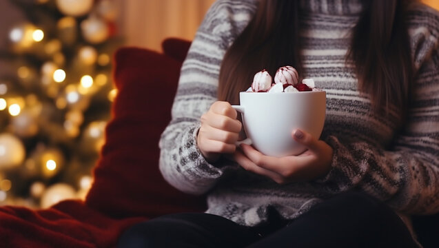 A girl holds a mug with marshmallows on New Year's.