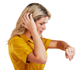 Wristwatch, late and woman check time with stress, shock and panic on isolated transparent png background. Face, surprise and expression for anxiety, confused and anxious for waiting, scared and hand