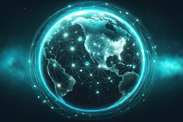 Illustration of a detailed globe showcasing continents and oceans with a mesh of digital connections and network lines crisscrossing over it, symbolize.