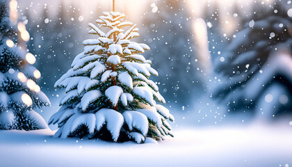 Oszronione, pokryte śniegiem gałęzie świerku, sosny, padający śnieg. Bożonarodzeniowe, zimowe tło