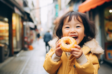 The portrait of a little cute Asian girl holding a delicious icing donut with two hands and eating happily on a city street. Generative AI.