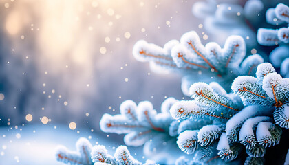 Oszronione, pokryte śniegiem gałęzie świerku, sosny, padający śnieg. Bożonarodzeniowe, zimowe tło - obrazy, fototapety, plakaty