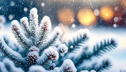 Oszronione, pokryte śniegiem gałęzie świerku, sosny, padający śnieg. Bożonarodzeniowe, zimowe tło - obrazy, fototapety, plakaty