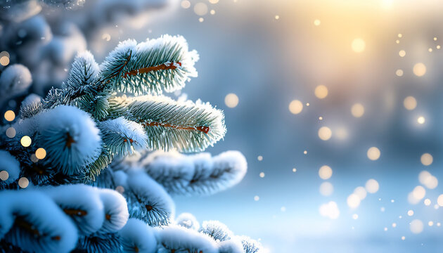 Obraz Oszronione, pokryte śniegiem gałęzie świerku, sosny, padający śnieg. Bożonarodzeniowe, zimowe tło