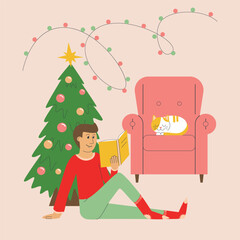 Hand drawn Christmas web concept in flat style with characters. Man reading book next to Christmas tree. 