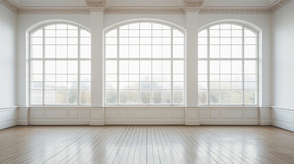 empty bright room with large windows and white walls and parquet. ai generative