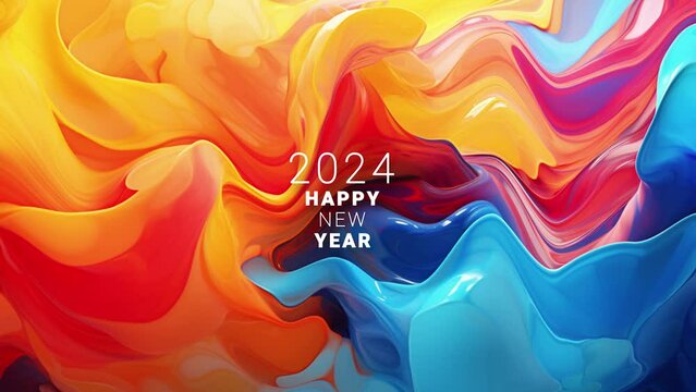 Happy new year 2024. wave animation with text motion. 3d colorful liquid background.
