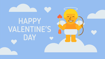 Happy Valentines Day composition cupid holding bow and arrow and smiling