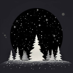 Christmas tree with snow, black and white minimalistic illustration 