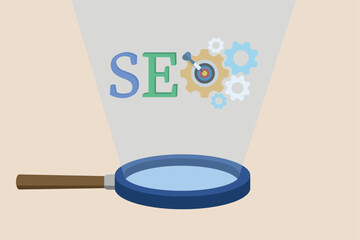 SEO, Search Engine Optimization for websites to be displayed in search results page concept, analytical magnifying glass on the word SEO.