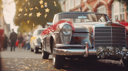 Vintage Christmas Car A classic car adorned with Christmas decorations, radiating holiday spirit on a lively city street. - obrazy, fototapety, plakaty