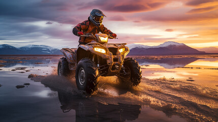 A quad bike racer rides through snow and water. ai generative
