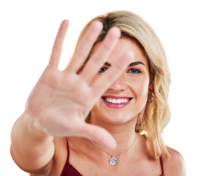Palm, portrait and happy woman with stop, sign or gesture on isolated, transparent or png background. Hi, wave and face of excited female model with hello emoji, welcome or greeting body language