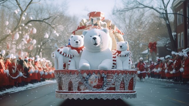 Christmas Parade Float With Polar Bears Parade Float Featuring Playful Polar Bears Amidst A Festive Christmas Setting