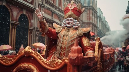 Fototapeta na wymiar a Christmas parade featuring a regal figure, possibly a king, on a float amidst a festive celebration, embodying the holiday spirit and tradition.