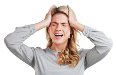 Headache, stress woman with anxiety for tax, audit or debt problem on isolated, transparent or png background. Burnout, migraine or model with tinnitus, vertigo or frustrated by brain fog or disaster