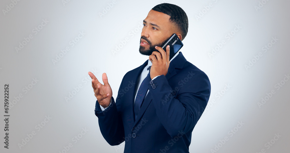 Poster phone call, talking and business man in studio for discussion, communication and online chat. corpor