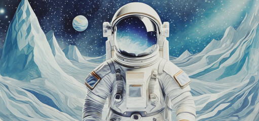 illustrazione primo piano di astronauta nella tuta spaziale sulla superficie di un pianeta freddo e ghiacciato - obrazy, fototapety, plakaty