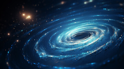 A blue cosmic golden ratio spiral galaxy set against a deep space background. ai generative