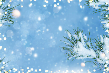 Fototapeta na wymiar Blurred. Christmas tree. Coniferous spruce branch. Frozen winter forest with snow covered trees.