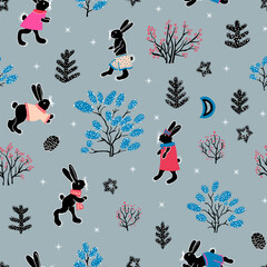Enchanted Rabbit Haven, cute hand drawn design , seamless pattern for fabric and wrapping paper surfaces