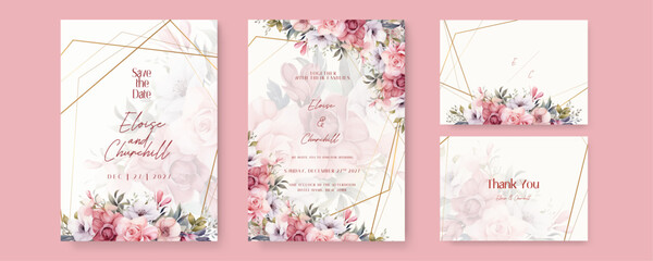 Pink and white rose and poppy rustic vector elegant watercolor wedding invitation floral design - obrazy, fototapety, plakaty