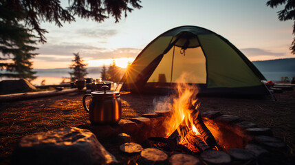 a tourist tent and a fire on which coffee is prepared. nature camping travel concept. AI generative
