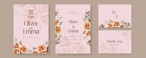 Obraz na płótnie Canvas Beige rose luxury wedding invitation with golden line art flower and botanical leaves, shapes, watercolor