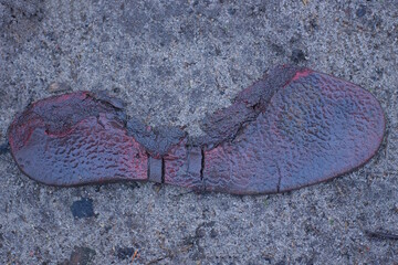 one old torn dirty red shoe insole lies on the gray ground in the street - Powered by Adobe