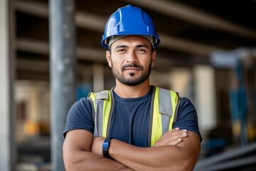 successful mixed race construction site worker in blue hard hat standing with arms crossed and thinking on blurry background