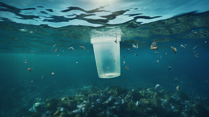 plastic cup floating underwater in the ocean sea pollution by garbage plastic problem. ai generative - obrazy, fototapety, plakaty