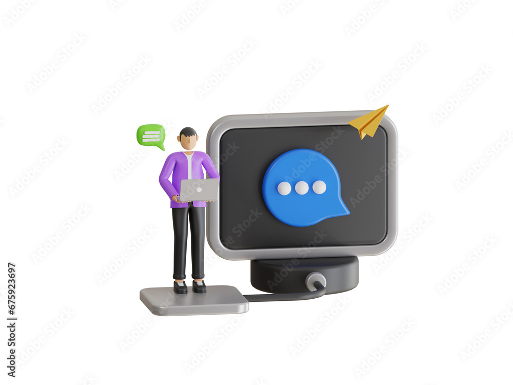 Poster personal message marketing 3d illustration. sending e-mail. man checking inbox emails