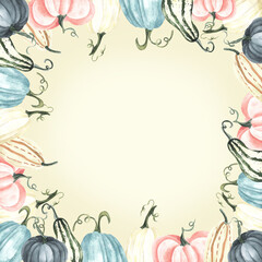 Fototapeta na wymiar Watercolor square frame with autumn blue white, pink pumpkins. Floral arrangement with . Harvest Wreath. Hand drawn illustration. For invitation, design, textile,