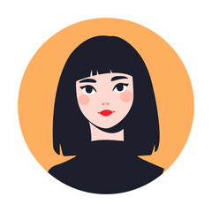 Vector illustration of woman portrait in casual clothes on white background. Flat cartoon or comic style. Circle shape. Neutral, friendly facial expression. Female character face in round frame.
